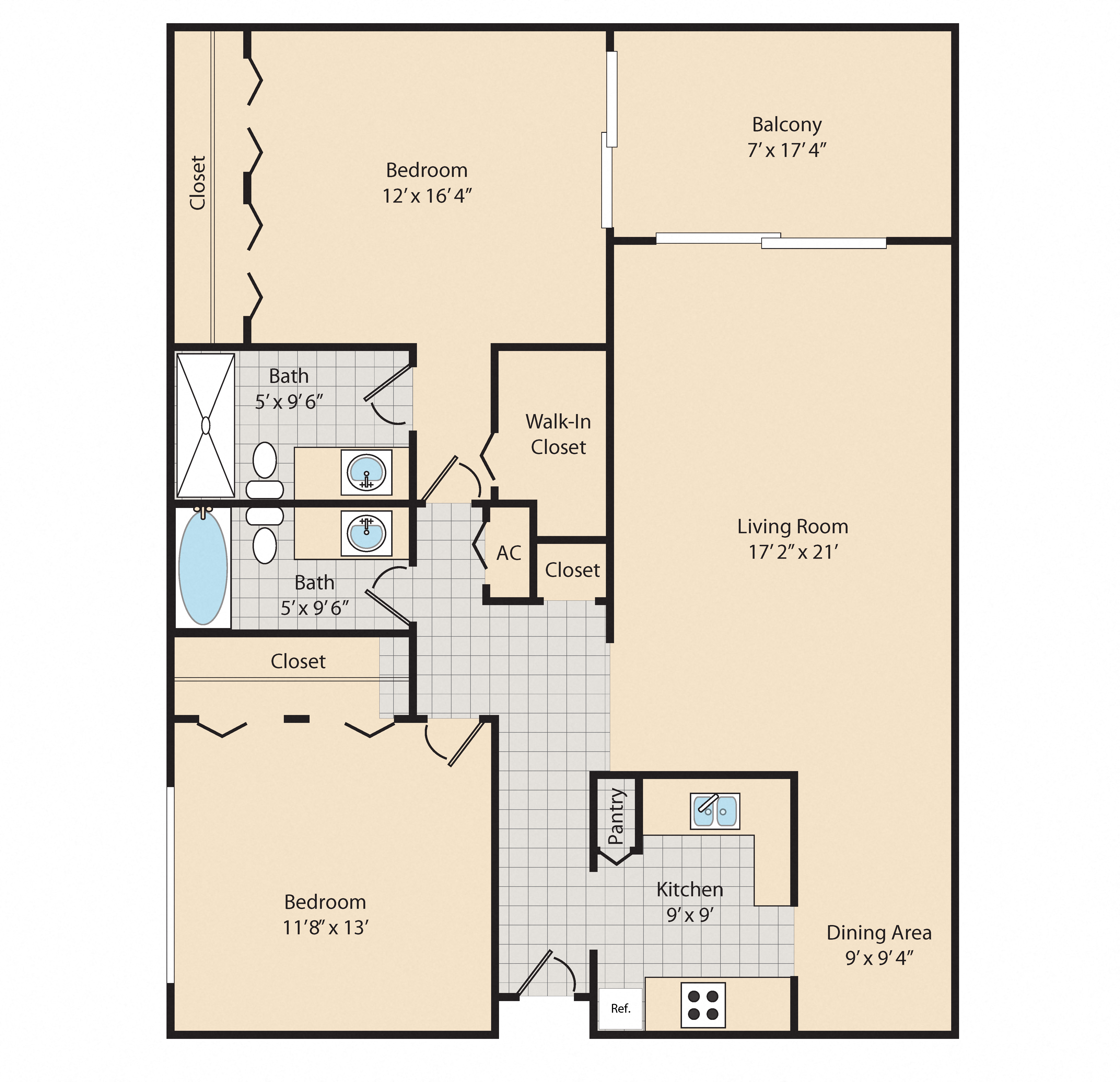 Floor plan for 2 beds, 2 baths, 1243 sqft