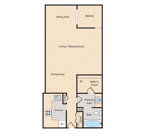 Floor plan for studio, 1 bath, 583 sqft