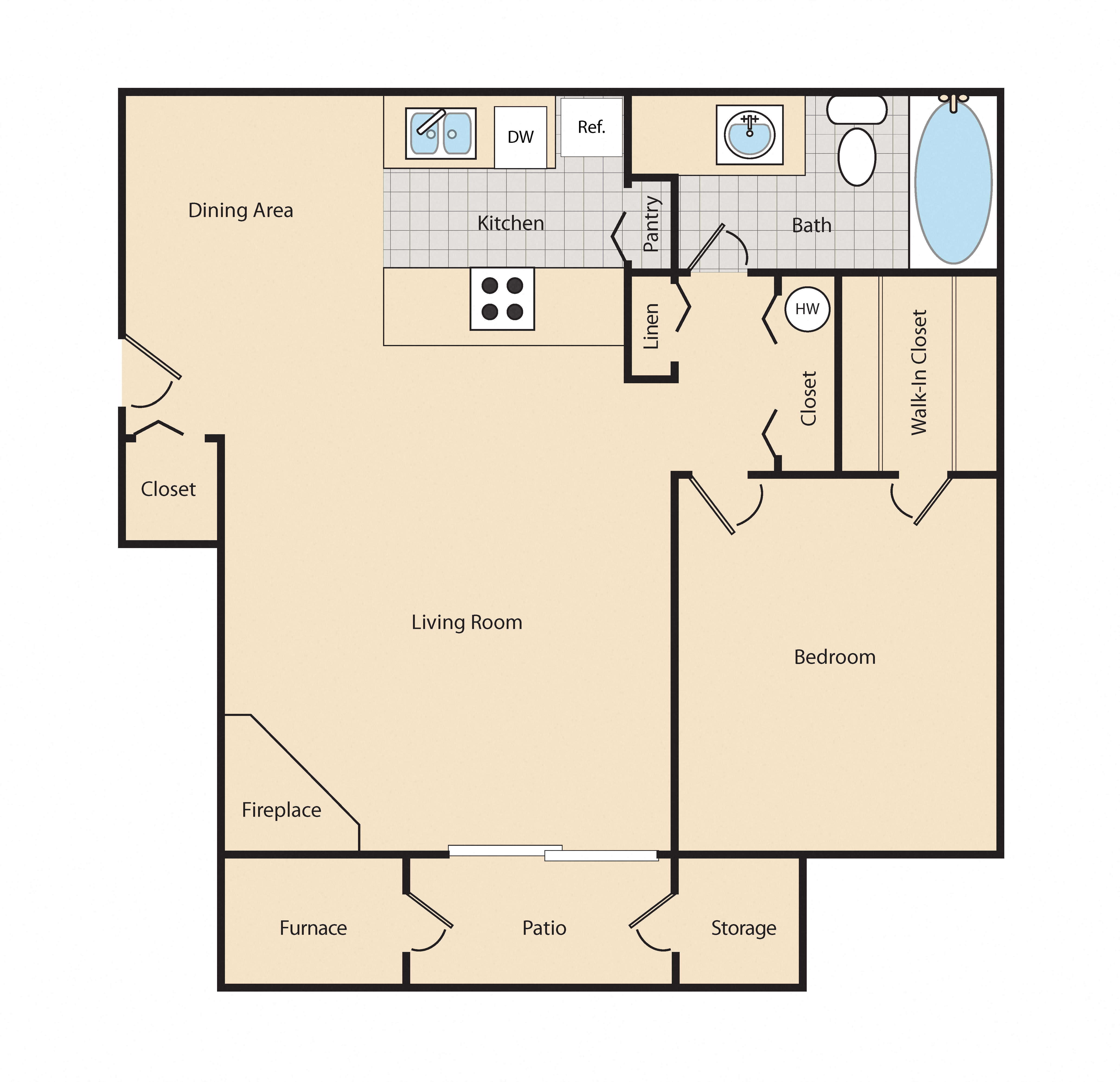 Floor plan for 1 bed, 1 bath, 682 sqft