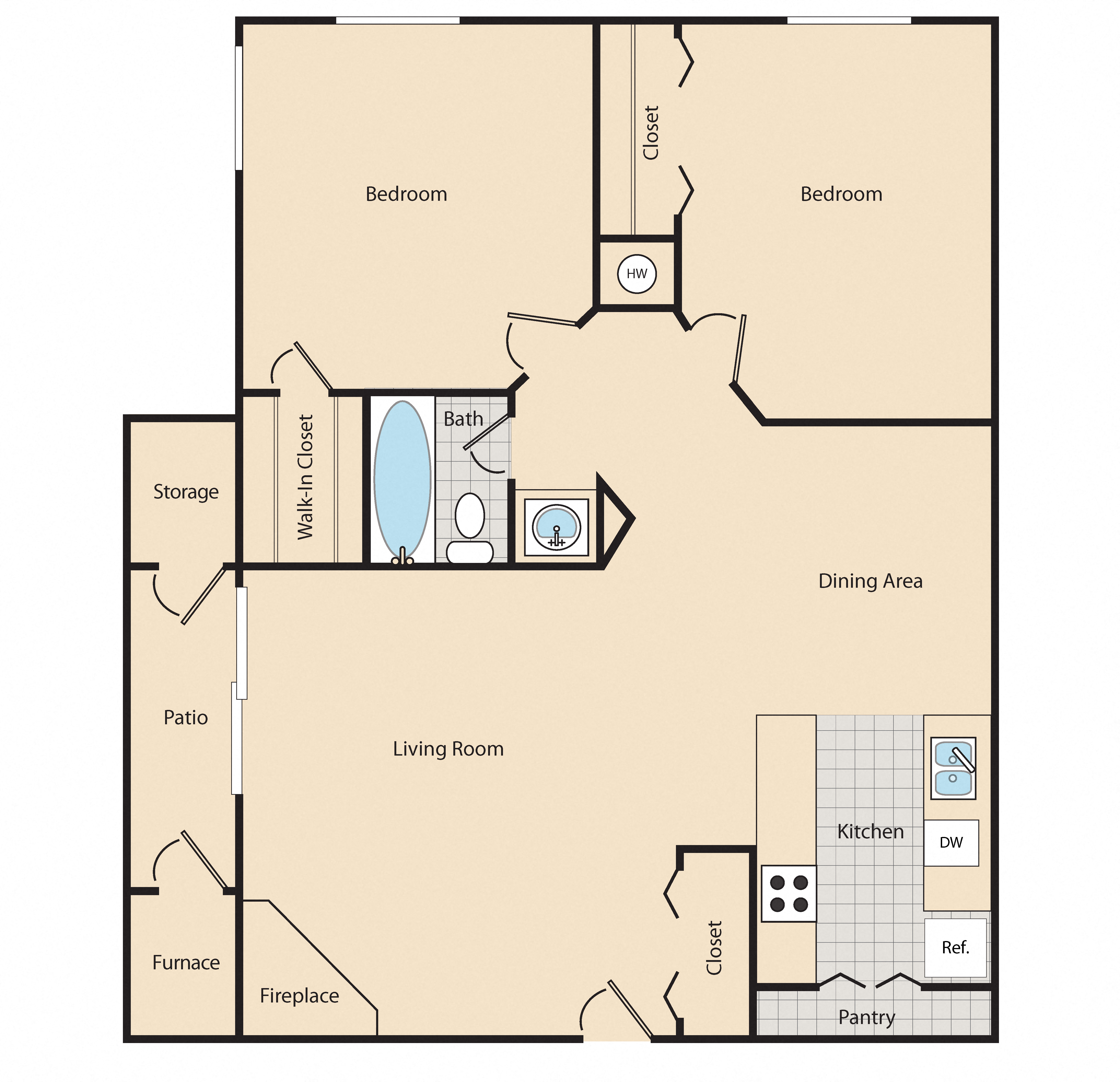 Floor plan for 2 beds, 1 bath, 744 sqft