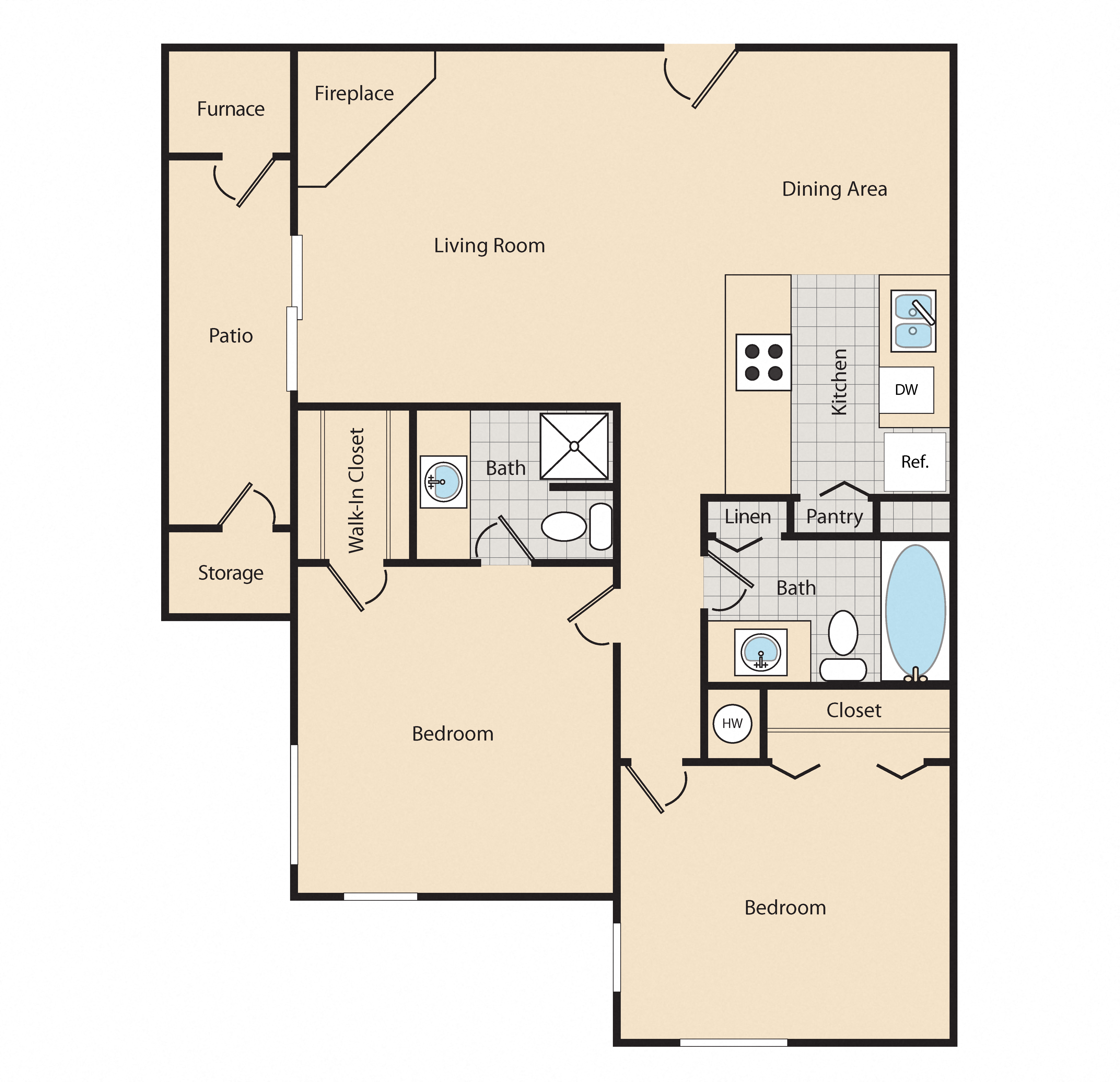 Floor plan for 2 beds, 2 baths, 808 sqft
