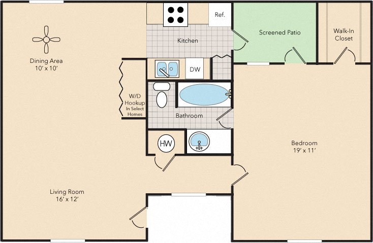 Floor plan for 1 bed, 1 bath, 820 sqft