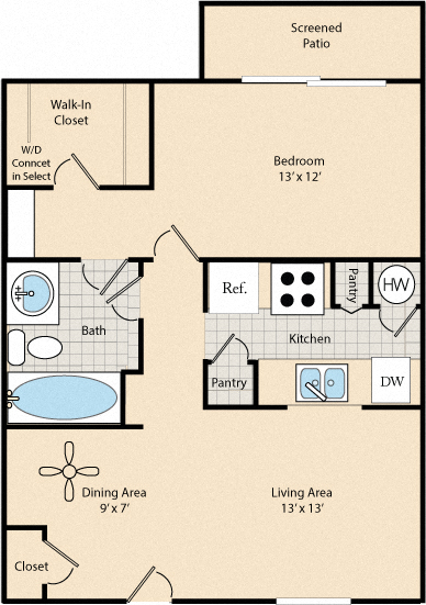 Floor plan for 1 bed, 1 bath, 690 sqft