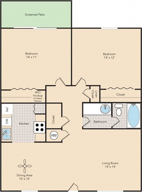 Floor plan for 2 beds, 1 bath, 925 sqft