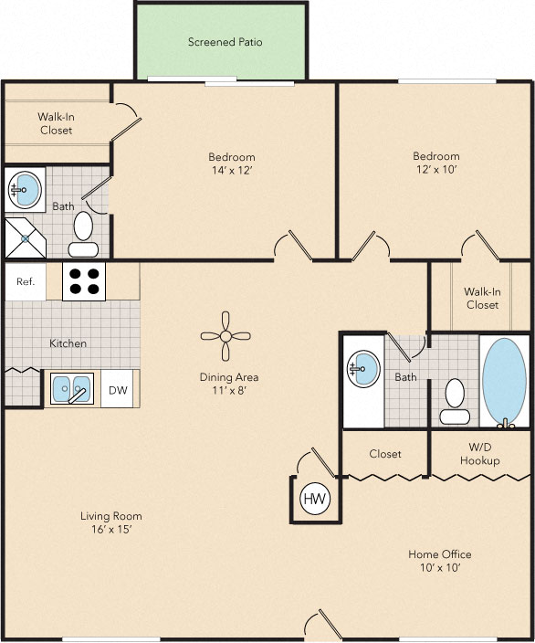 Floor plan for 2 beds, 2 baths, 1200 sqft