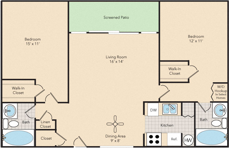Floor plan for 2 beds, 2 baths, 1100 sqft