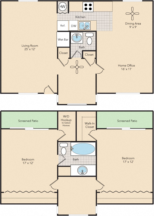 Floor plan for 2 beds, 1.5 baths, 1495 sqft