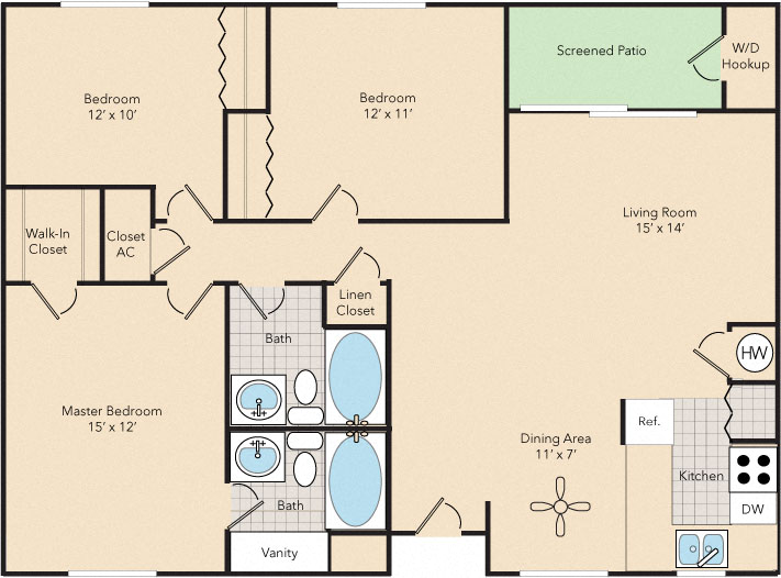 Floor plan for 3 beds, 2 baths, 1260 sqft