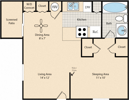 Floor plan for studio, 1 bath, 500 sqft