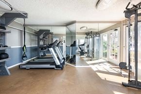 Tampa townhouse for rent - a gym with weights and mirrors and a glass door