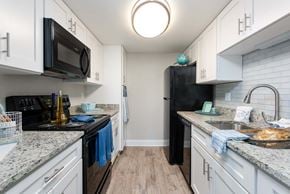 Tampa townhouse for rent - a kitchen with granite counter tops and a black refrigerator