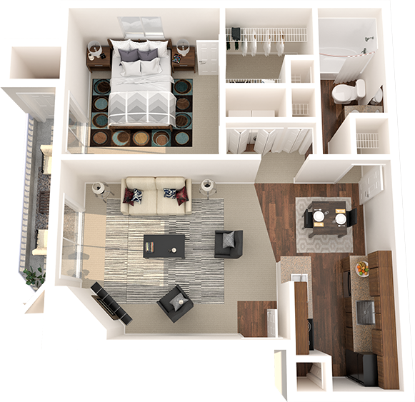Floor plan for 1 bed, 1 bath, 750 sqft