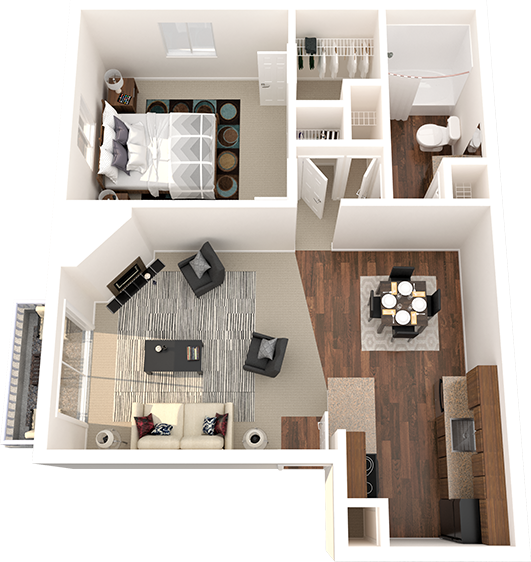 Floor plan for 1 bed, 1 bath, 610 sqft
