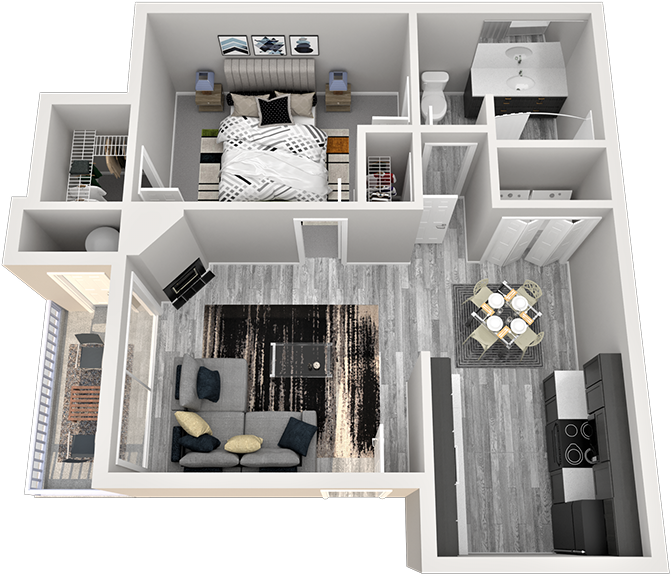 Floor plan for 1 bed, 1 bath, 724 sqft