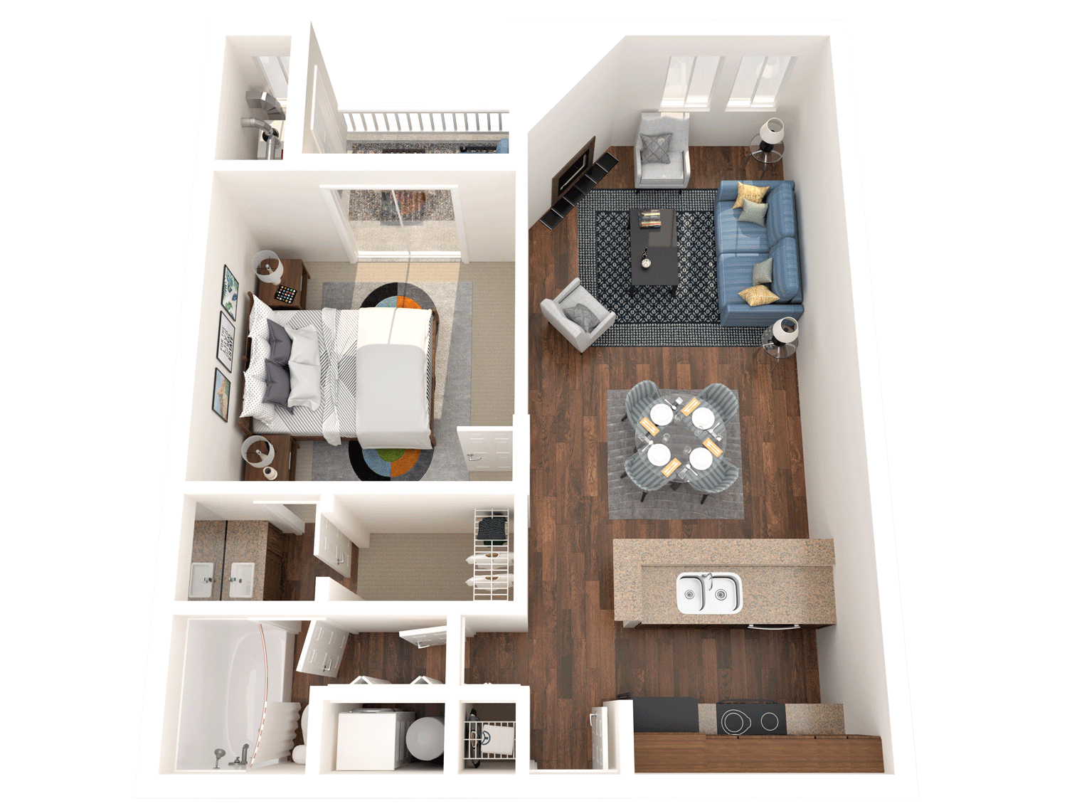 Floor plan for 1 bed, 1 bath, 729 sqft