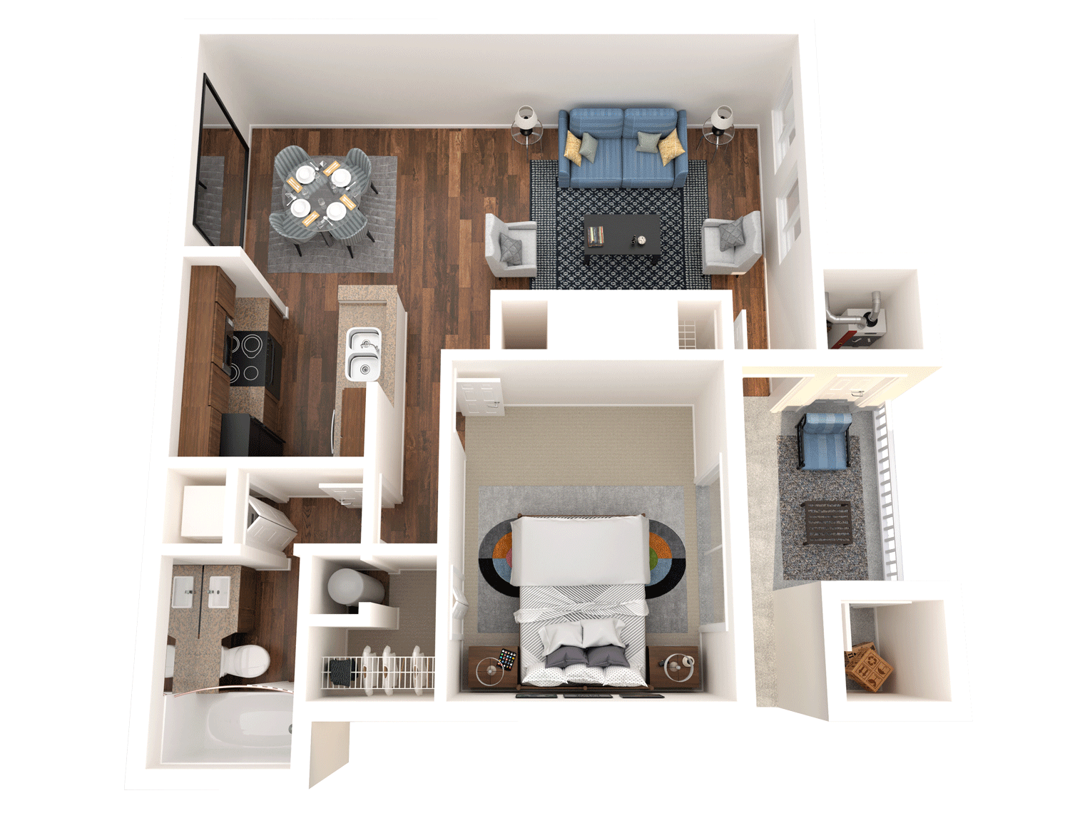 Floor plan for 1 bed, 1 bath, 679 sqft