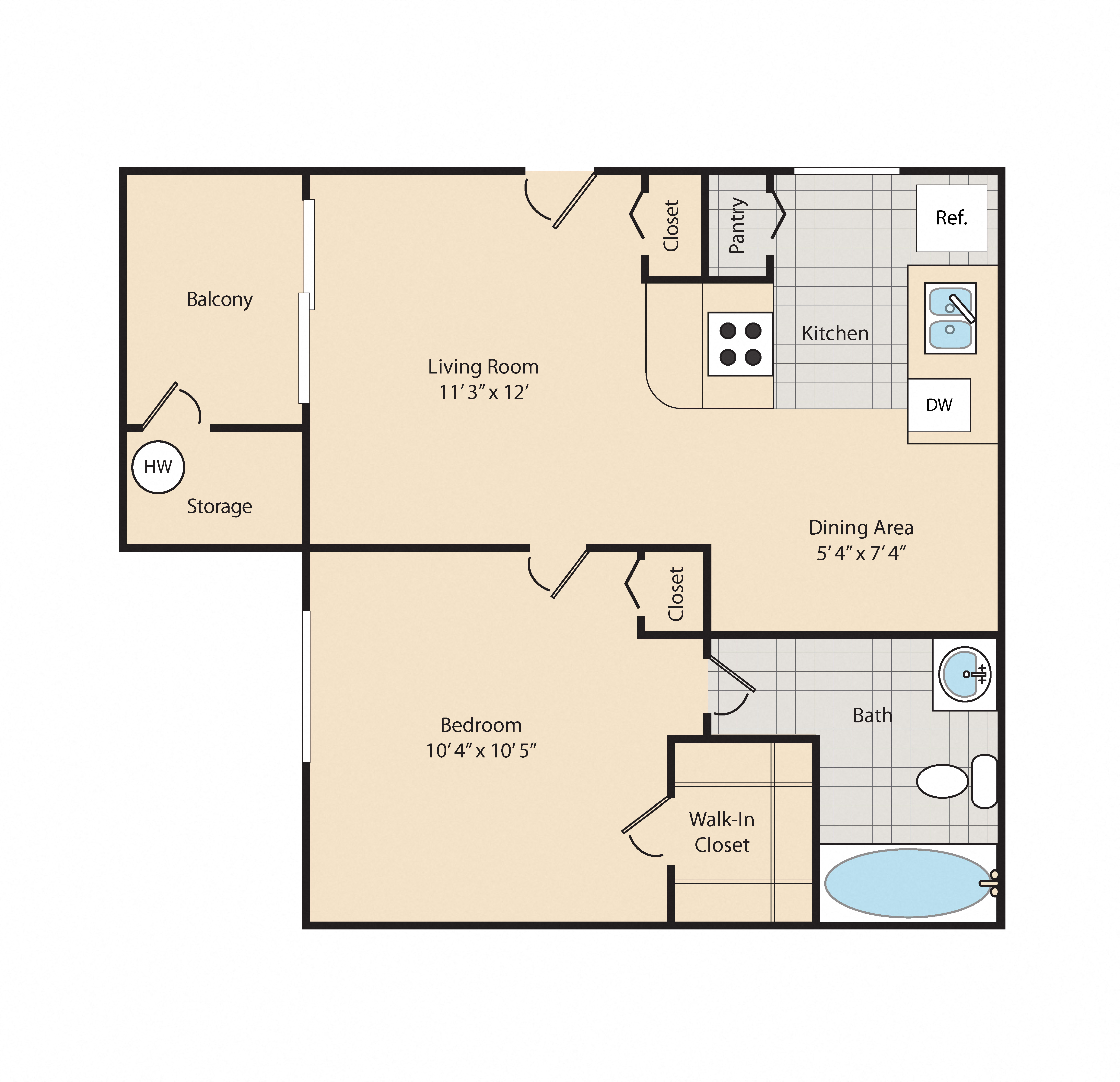 Floor plan for 1 bed, 1 bath, 540 sqft