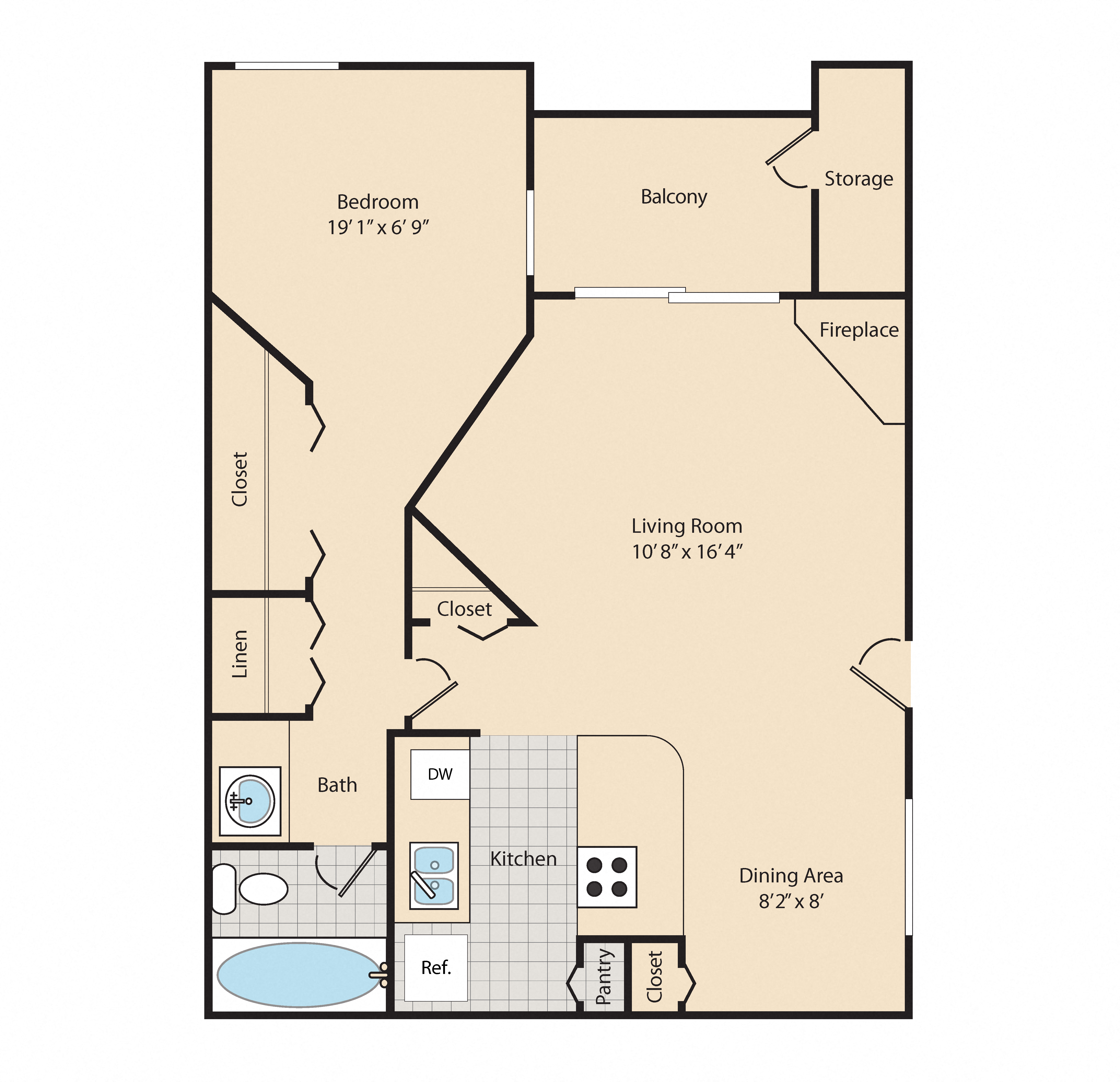 Floor plan for 1 bed, 1 bath, 676 sqft
