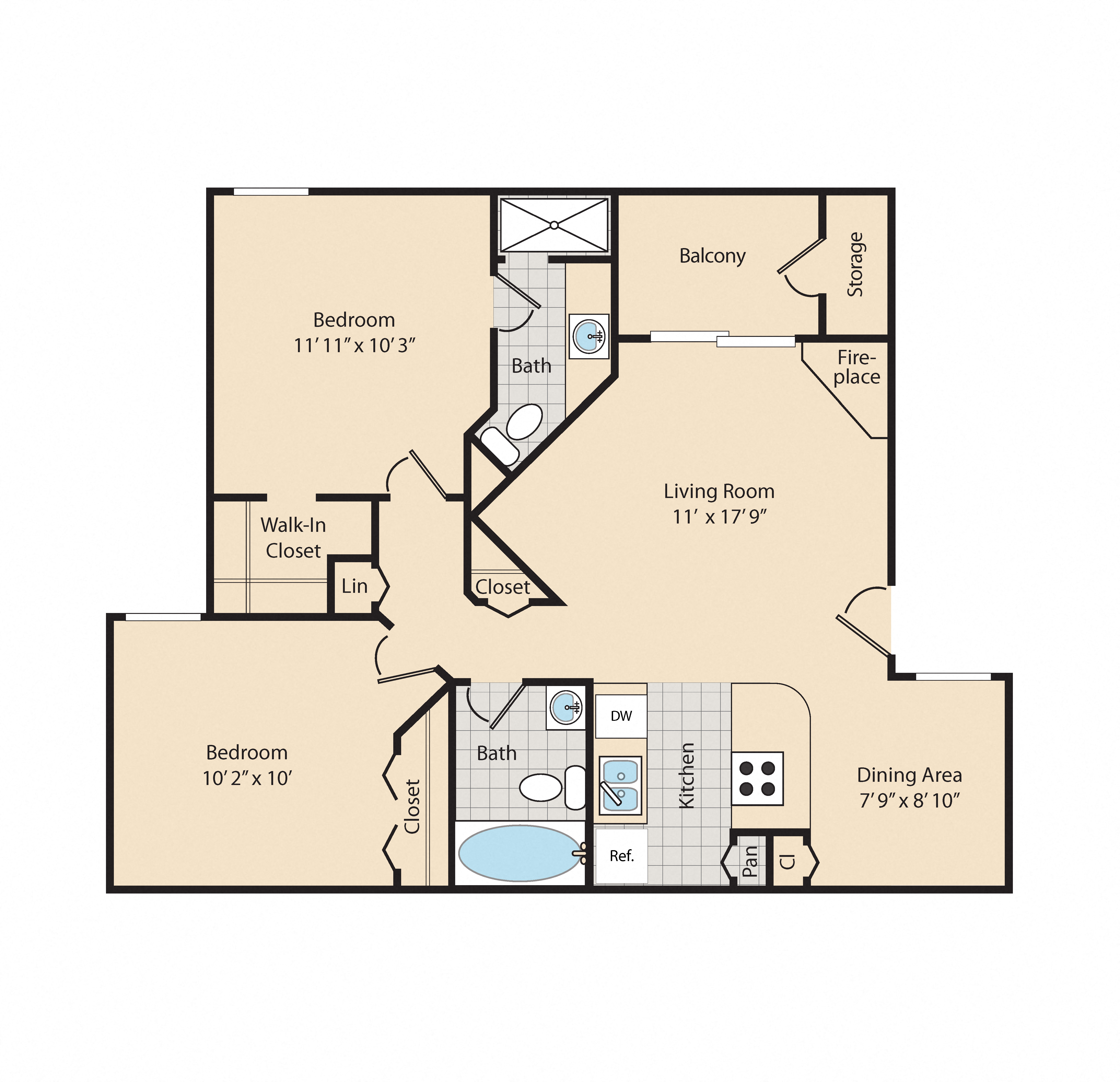 Floor plan for 2 beds, 2 baths, 927 sqft