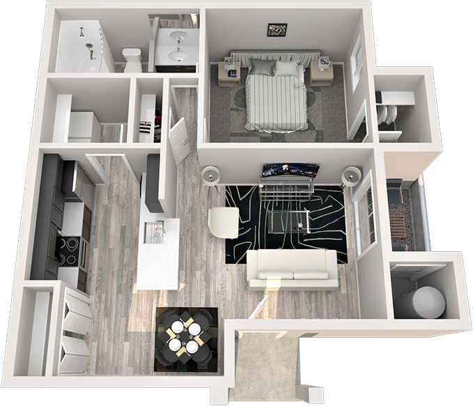 Floor plan for 1 bed, 1 bath, 726 sqft