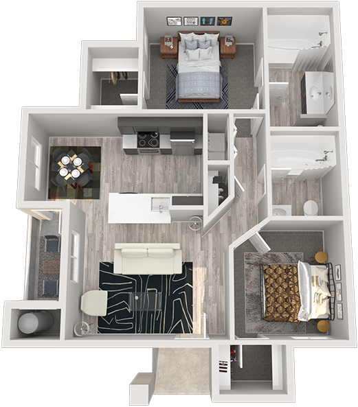 Floor plan for 2 beds, 2 baths, 1030 sqft