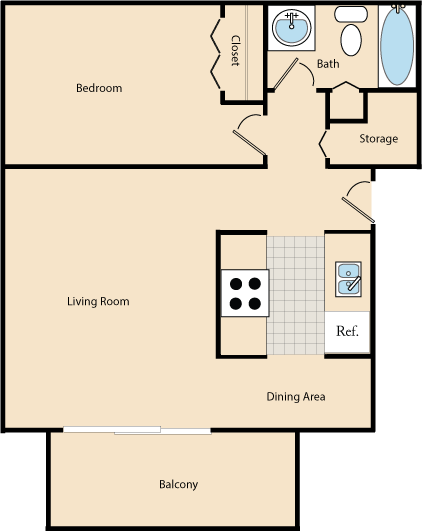 Floor plan for 1 bed, 1 bath, 555 sqft