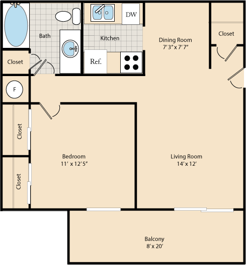 Floor plan for 1 bed, 1 bath, 760 sqft