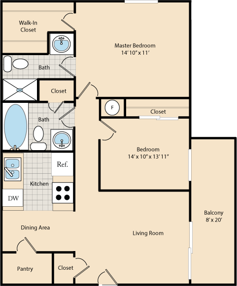 Floor plan for 2 beds, 2 baths, 1000 sqft