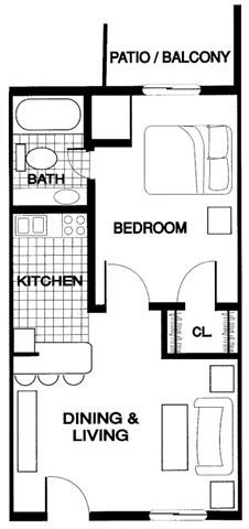 Floor plan for 1 bed, 1 bath, 550 sqft