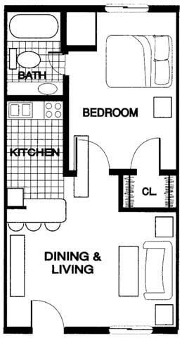Floor plan for 1 bed, 1 bath, 500 sqft