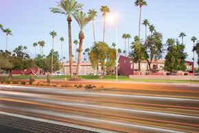 Tempe apartment for rent - a street with palm trees in front of a building