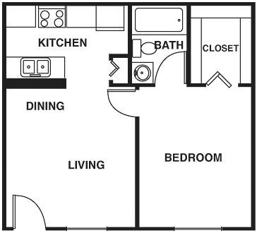 Floor plan for 1 bed, 1 bath, 490 sqft