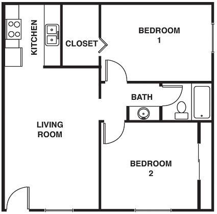 Floor plan for 2 beds, 1 bath, 702 sqft