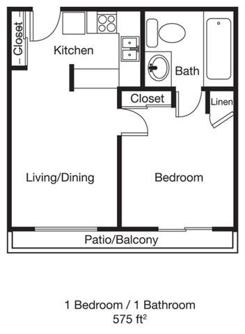 Floor plan for 1 bed, 1 bath, 534 sqft