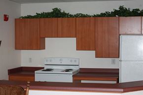 Phoenix apartment for rent - a kitchen with a white stove and wooden cabinets
