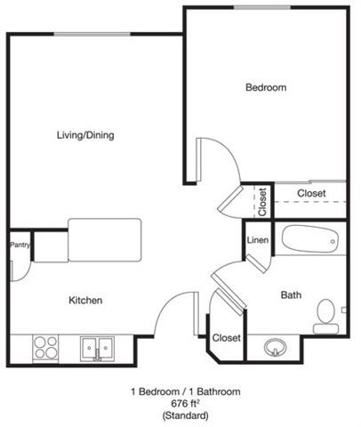 Floor plan for 1 bed, 1 bath, 676 sqft