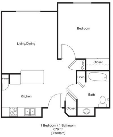 Floor plan for 1 bed, 1 bath, 676 sqft