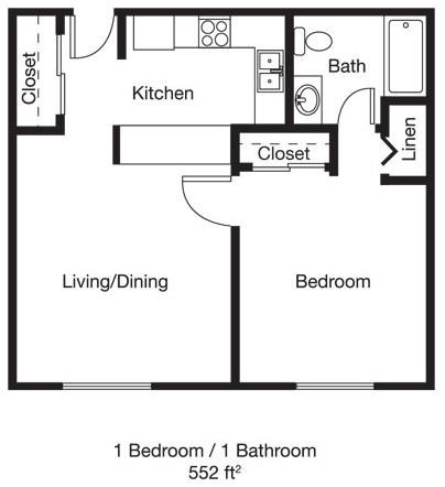 Floor plan for 1 bed, 1 bath, 552 sqft