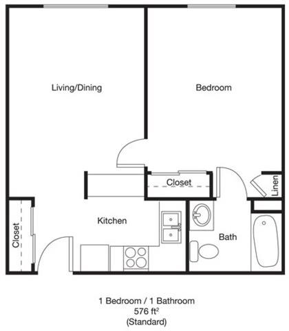 Floor plan for 1 bed, 1 bath, 576 sqft