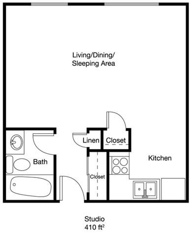 Floor plan for studio, 1 bath, 410 sqft