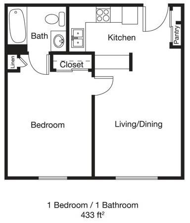 Floor plan for 1 bed, 1 bath, 433 sqft