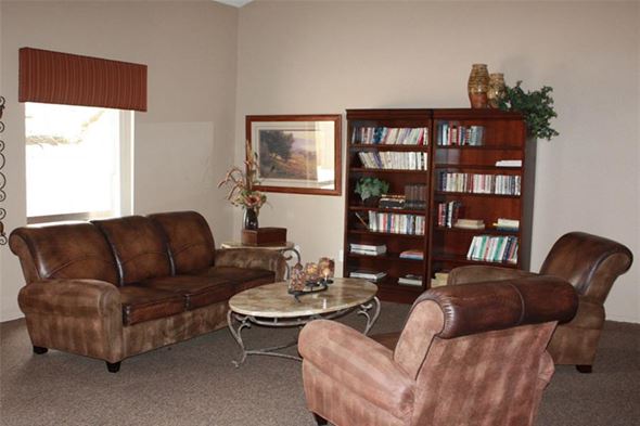 Phoenix apartment for rent - a living room with leather furniture and a book shelf