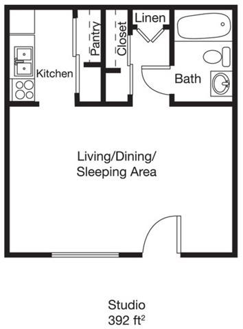 Floor plan for studio, 1 bath, 392 sqft