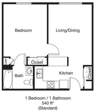 Floor plan for 1 bed, 1 bath, 540 sqft