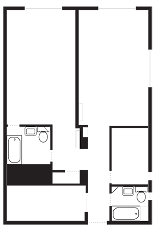 Floor plan for 1 bed, 2 baths, 732 sqft