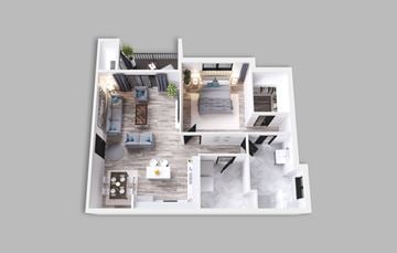 Jeffersonville apartment for rent - A top-down view of a modern apartment layout with a kitchen, living room, and bedrooms.