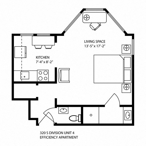Floor plan for studio, 1 bath, 340 sqft
