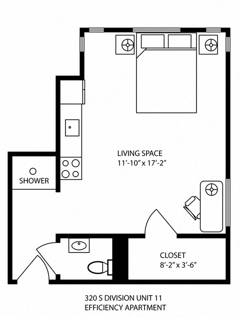 Floor plan for studio, 1 bath, 500 sqft