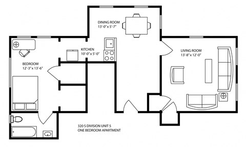 Floor plan for 1 bed, 1 bath, 540 sqft