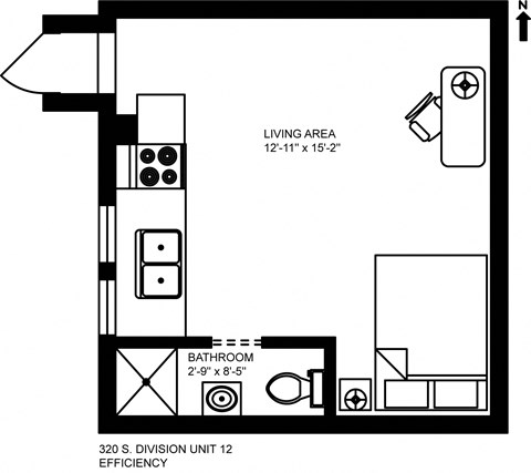 Floor plan for studio, 1 bath, 300 sqft